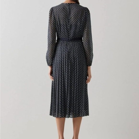 L.K. Bennett Avery Navy And Cream Mini Bow Print Pleated Midi - Picture 5 of 11